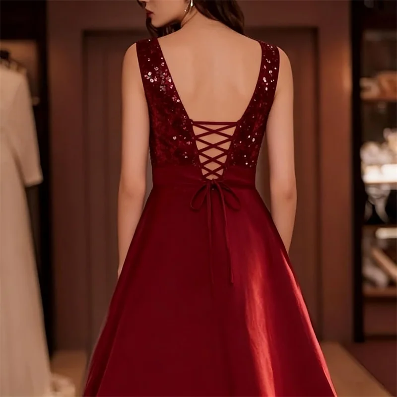 Customized Sequin Formal Prom Party Dresses Tea Length Sleeveless Satin A Line Mother of The Bride Dress for Women with Pockets