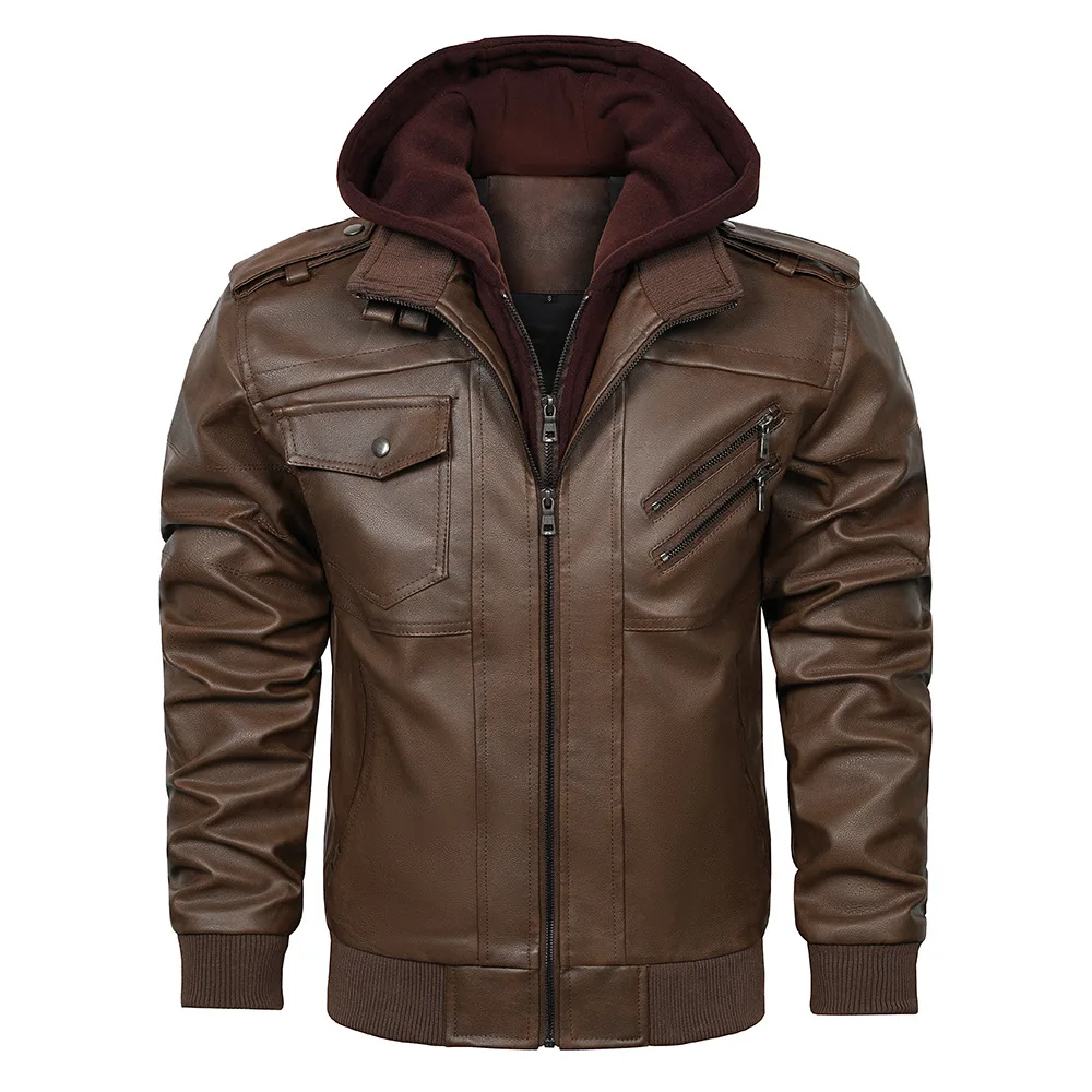 

Winter Man Plush Jacket Streetwear Retro Long Sleeve Male Leather Coat Thicken Fleece Windproof Men Detachable Hooded Outerwear