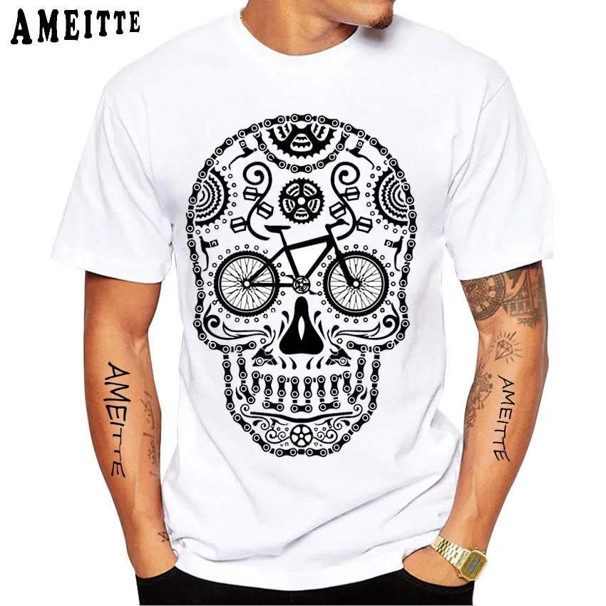 Retro Fixed Gear Bike Frame Skull Head Print T-Shirt New Men Short Sleeve Road Bicycle Sport White Cycling Hipster Tee Tops