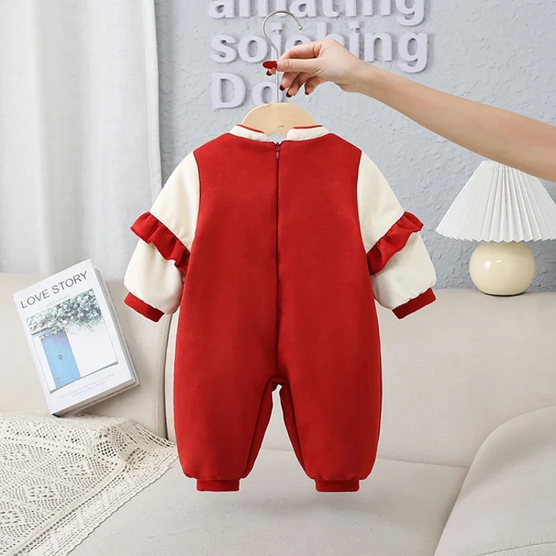 2024 Baby Boy Girl One-Year-Old Long Sleeve Jumpsuit New Korean Warm Fleece-Lined Autumn Winter Clothes Full Month Climbing Suit