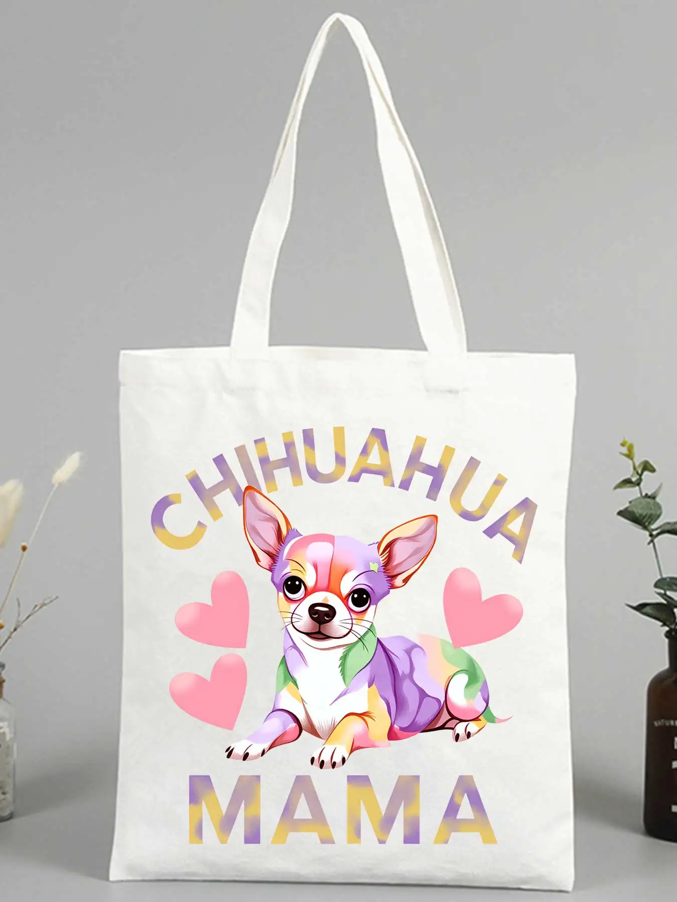 chihuahua graphic letter print canvas tote bag, casual style for daily shopping and outings
