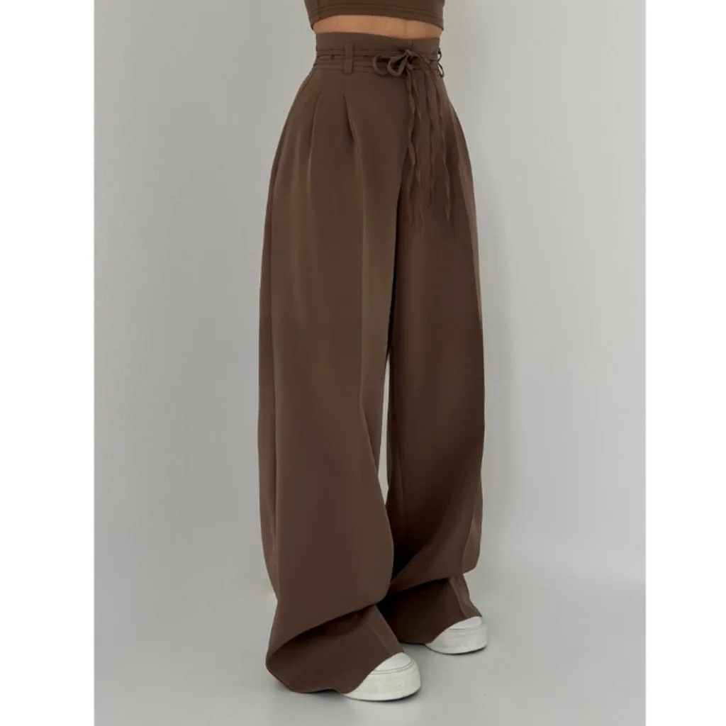 High Waist Pant Women Casual Wide Leg Pants Pockets Lace Up Y2k Streetwear Floor Length Trousers Summer Office Lady Elegant