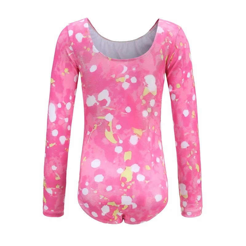Body da balletto con stampa colorata per bambine costume da bagno da ginnastica lucido per ballare tuta intera in Spandex a maniche lunghe