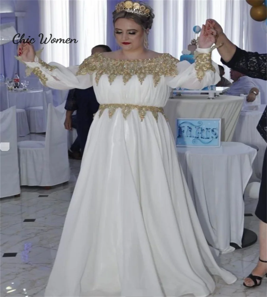 Plus Size White  Evening Dress Kaftan Moroccan Muslim Arabic Prom Gown Long Sleeve Gold Applique Vestido De Novia Customized