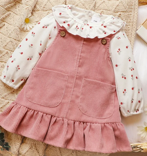 2Pcs Newborn Baby Girl Clothes Set Floral Print Long Sleeve Romper Pocket Corduroy Strap Suspender Skirts Girls Spring Outfits