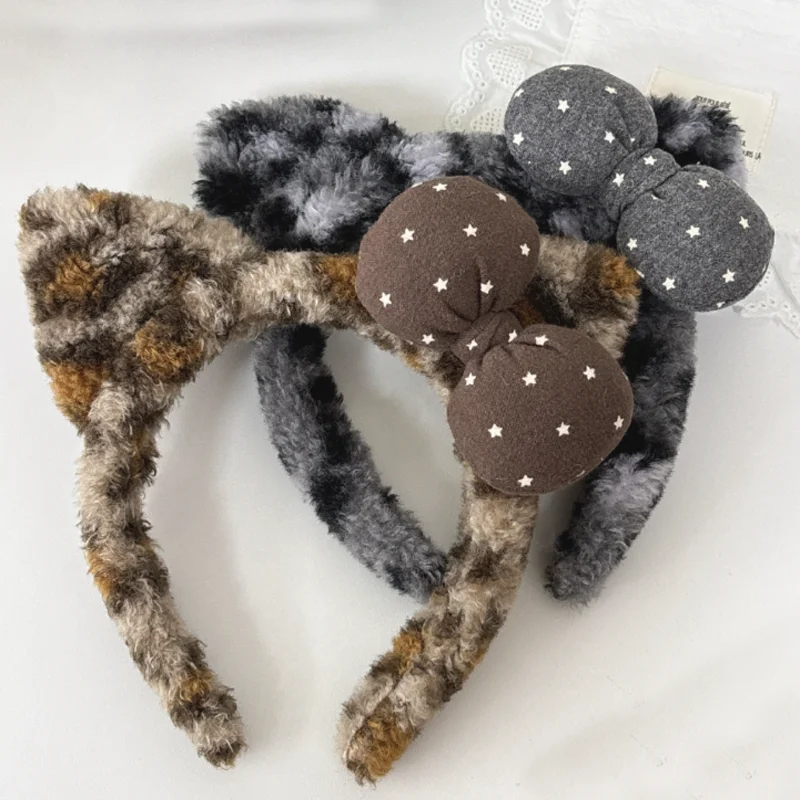 Korean Leopard Bow Headband Cute Plush Cat Ears Hair Hoop Female Cartoon Face Wash Makeup Hair Band Women Hair Accessories