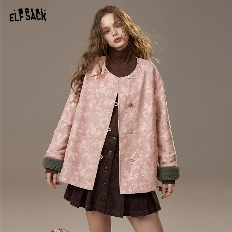 

ELFSACK 2025 Winter New Arrivals Casual Elegant Shearling Panel Embroidery Oriental Puffer Jacket For Woman