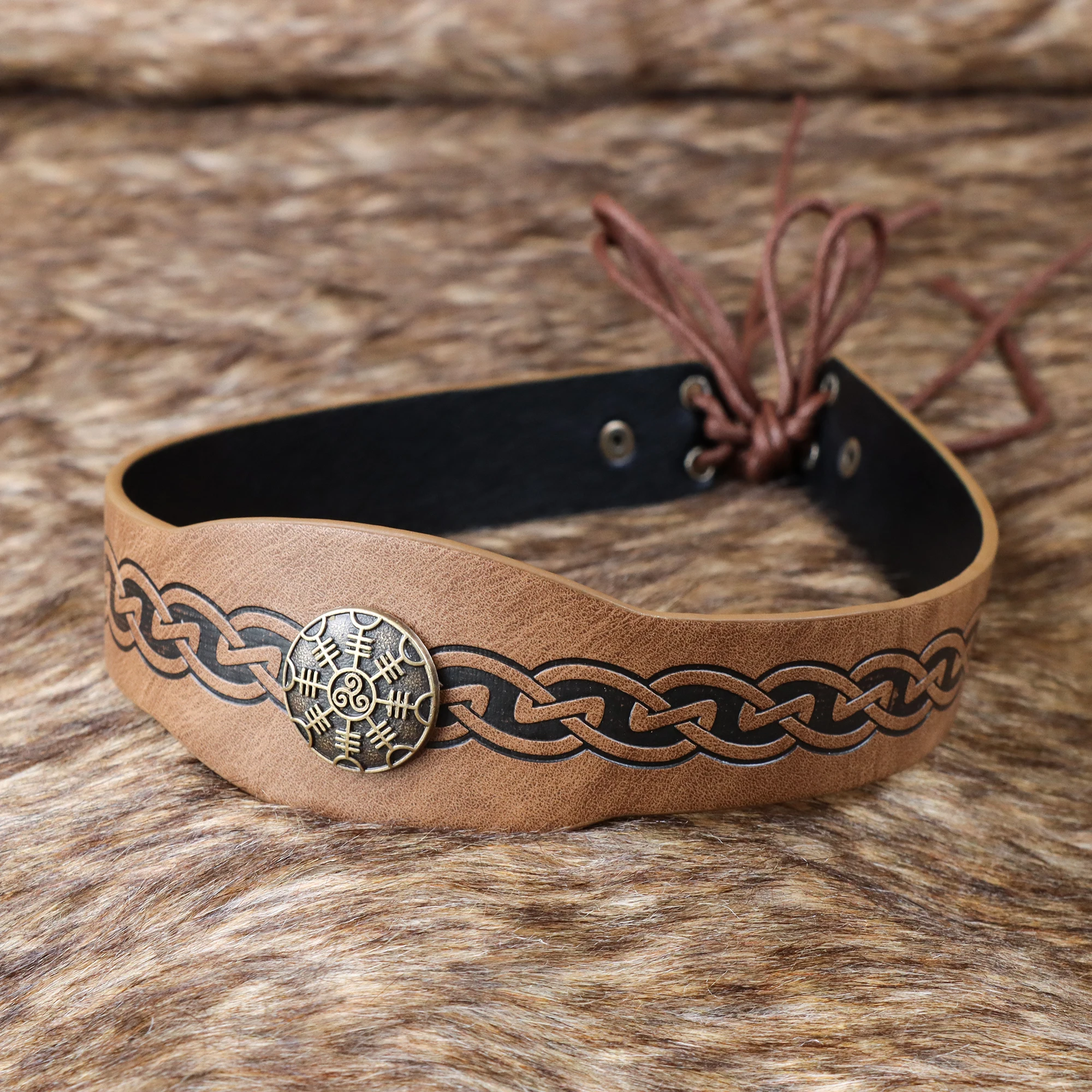 Mittelalterliche Herren Halloween Vintage Wikinger Piraten Print Kopfschmuck Keltische Krone PU Leder Rollenspiel Requisiten Zubehör