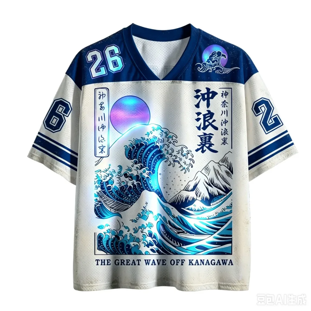 Retro Japanisches Ukiyo-e Wellen 3D-Druck Sport Schnelltrocknend Atmungsaktiv Herren V-Ausschnitt Übergrößen T-Shirt Outdoor Mode Hip-Hop Y2K Eltern-Kind – Detail 3