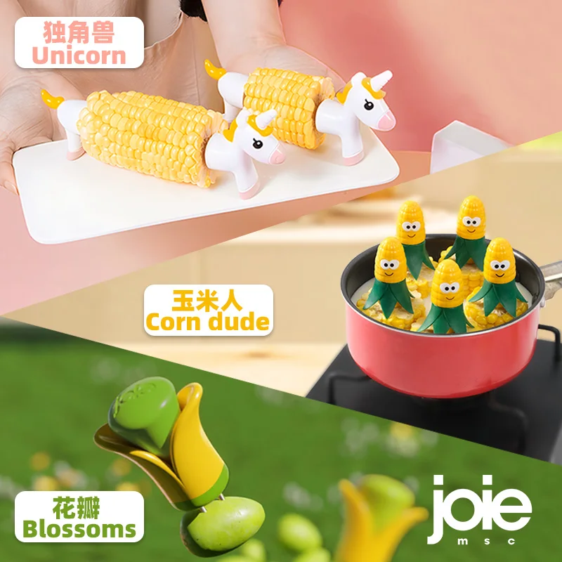 Joie-soportes para maíz de unicornio, herramientas para maíz, tenedor antiescaldado para fruta para niños, cubiertos insertados de acero inoxidable