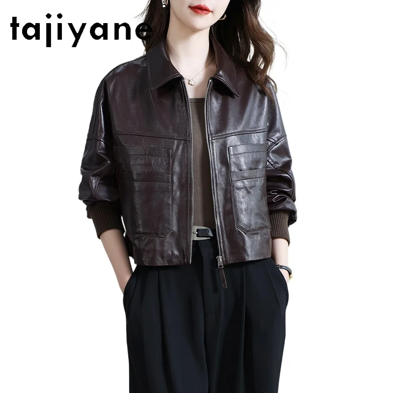 TAJIYANE 100% chaqueta de piel de oveja de grano superior, chaquetas cortas de cuero genuino para mujer, abrigos Retro para mujer, ropa de otoño 2025, ropa para mujer 상한