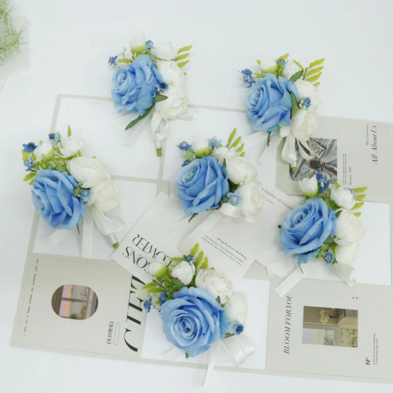 Blue Bride Wrist Corsage Groom Boutonniere Artificial Silk Rose Flower Unique Girl Bracelet Men Corsages Wedding Decor