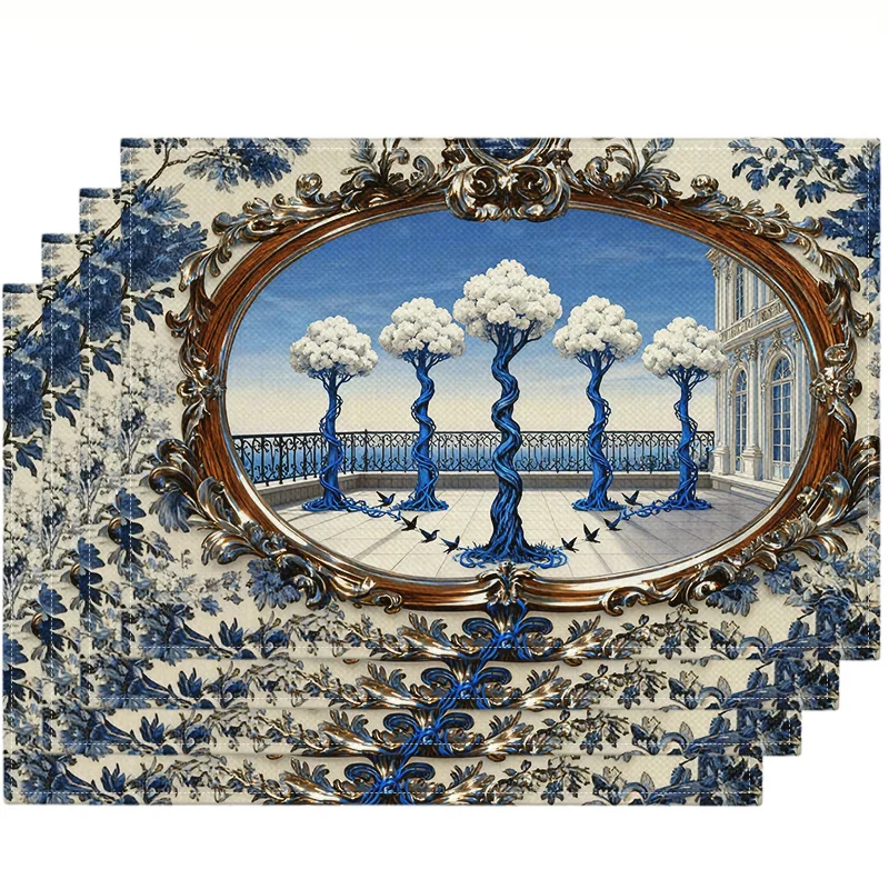 Table Place Mats Baroque Palace Oil Painting 4Pcs Linen Surrealist Tree Gold Frame Art Kitchen Dining Room Luxury Decor
