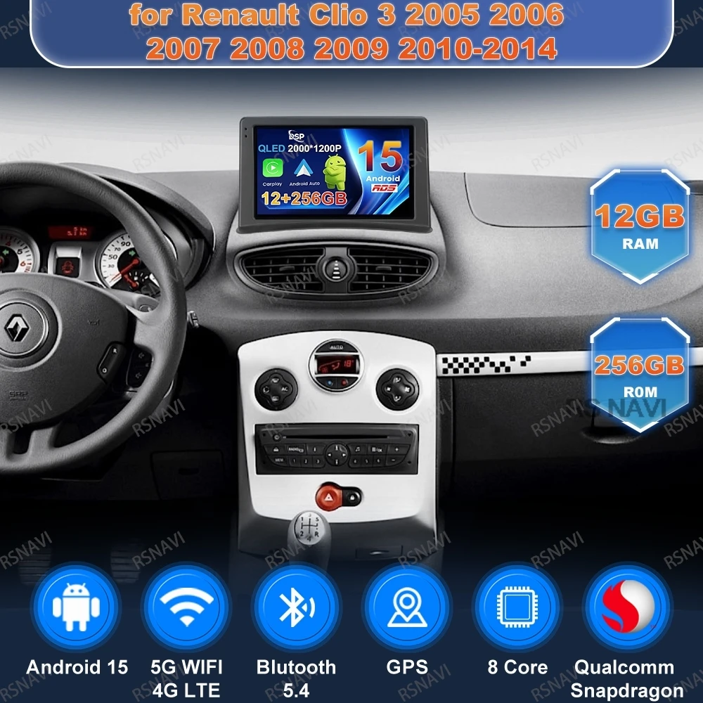 Android 15 Car Radio For Renault Clio 3 2005 2006 2007 2008 2009 2010-2014 5G WIFI Multimedia Navigation Stereo GPS Viedo Player