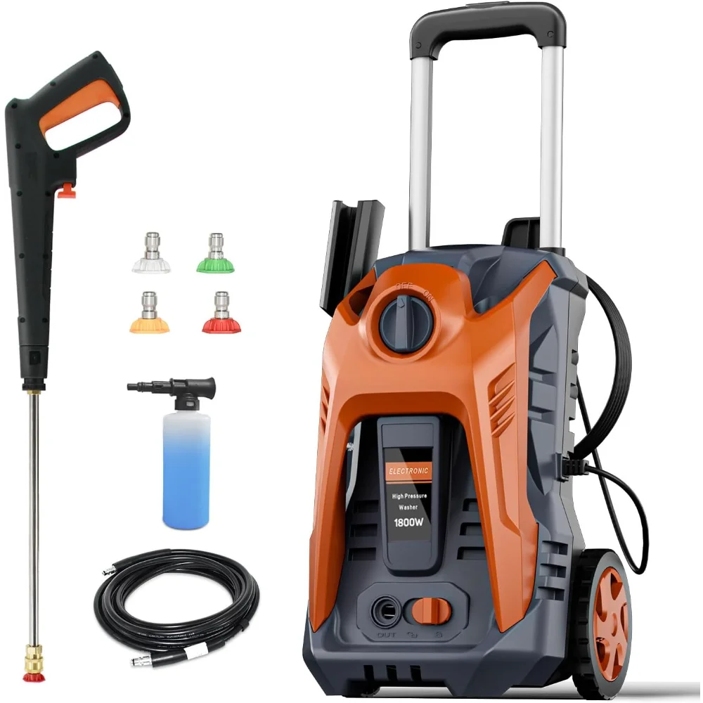 

Electric High Power Washer 4100 PSI 2.4 GPM Pressure Washer with 25FT Hose, 4 Quick Connect Nozzle and 16.9 Oz Soap Tank Orange