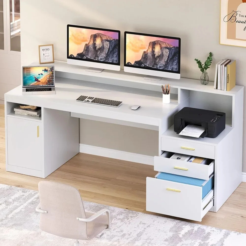 White computer desk, executive desk, desk with long monitor stand and printer stand. Simple and atmospheric