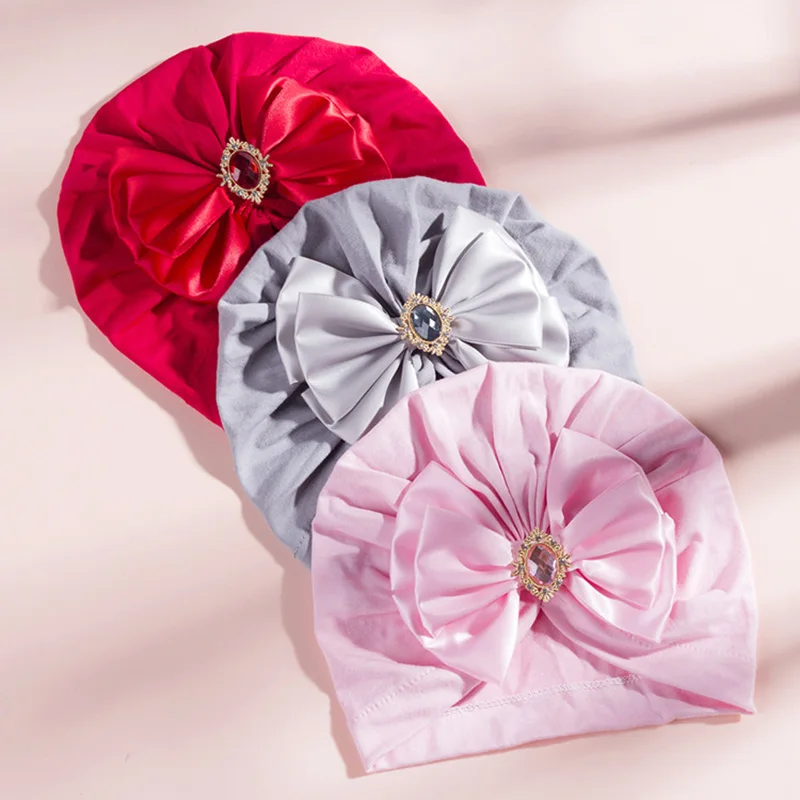 New Bling Rhinestone Bowknot Baby Turban Solid Color Infant Indian Hat Soft Cotton Girl Caps Fashion Handmade Bows Headwear 0-2Y