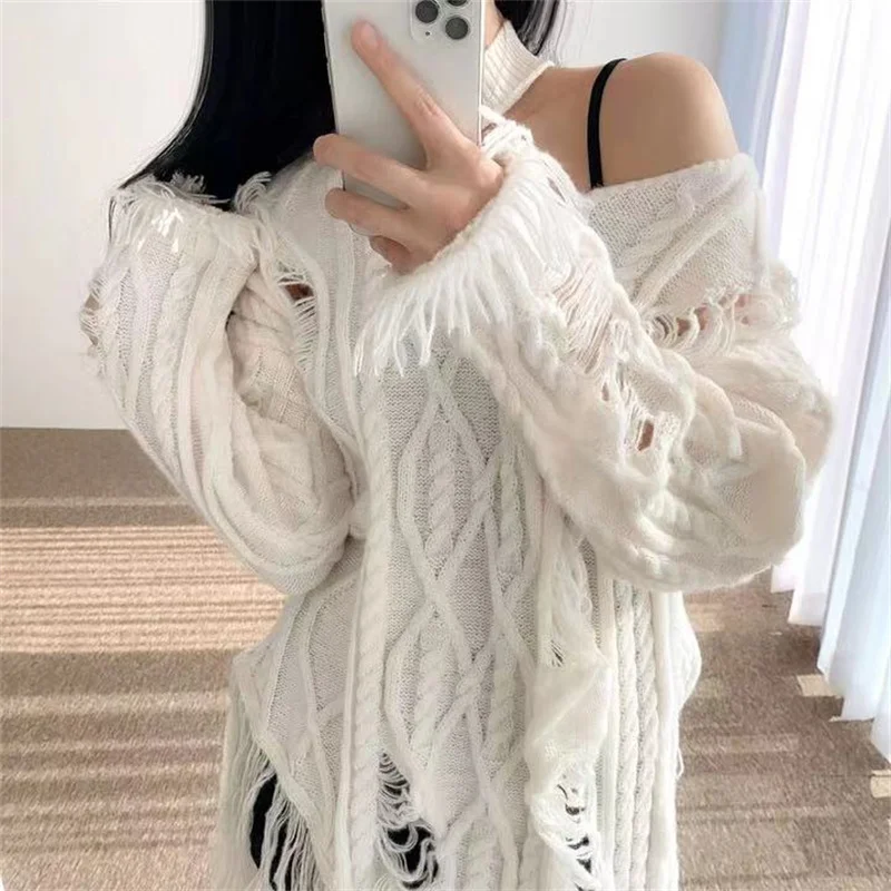 Women\'s Sweater Sexy Off Shoulder Top Women Autumn Winter Hollow Out Tassel Loose Female Pullovers Chic Tops Y2k Clothes