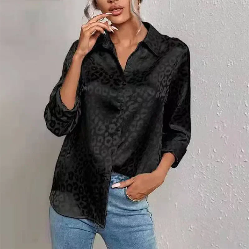 Women Satin Silk Shirts Leopard Print 2023 Spring Autumn Vintage Blouse Button Up Lady Long Sleeves Tops Female Loose Shirts