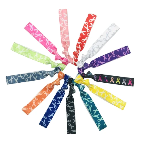 Imagen 2 del producto 50/200 Uds. Banda elástica para el cabello anudada con estampado de cáncer de mama, correa para la muñeca para mujer, accesorios de bandas para el cabello fijos con cola de caballo al por mayor