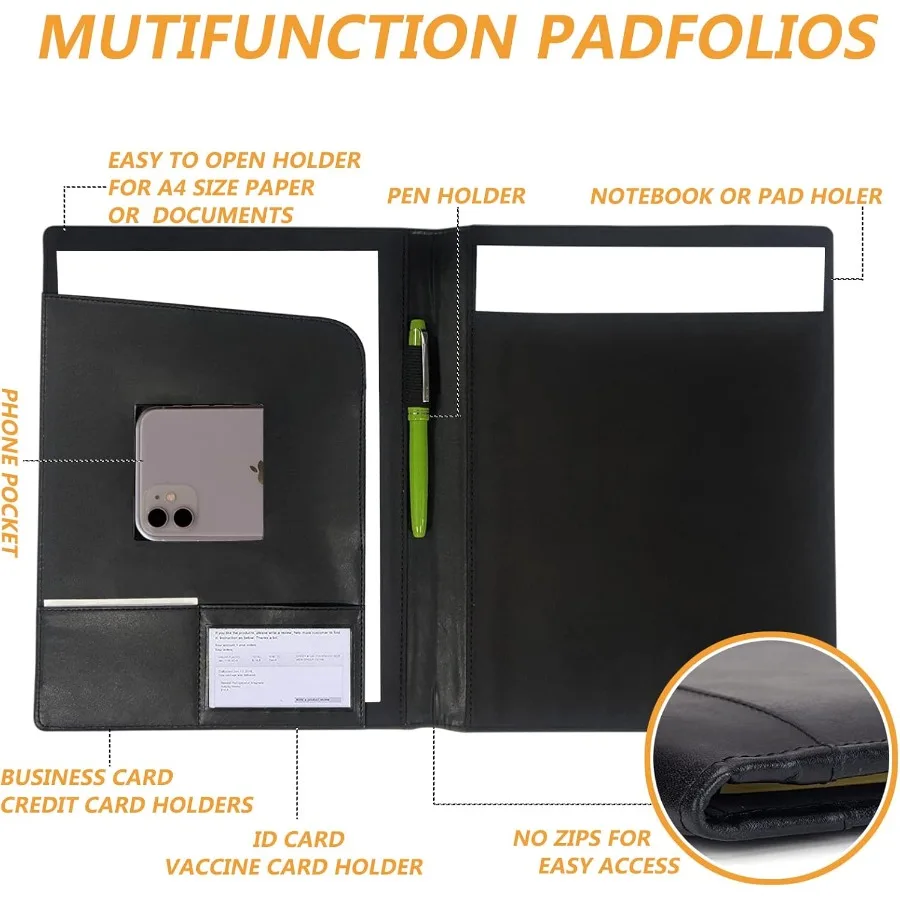 Cartella portafoglio in pelle Padfolio Business Padfolio Organizer Pianificatore di documenti Raccoglitore portafoglio Pentola di stoccaggio per supporto legale