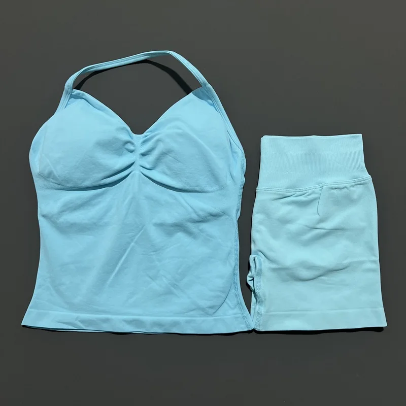 HITELLO Gym-Shorts-Set für Damen, nahtlos, Yoga, Longline-Top mit Trägern, Scrunch-Butt-Workout-Shorts-Set, Fitness, zweiteiliger Sportanzug – Detail 23