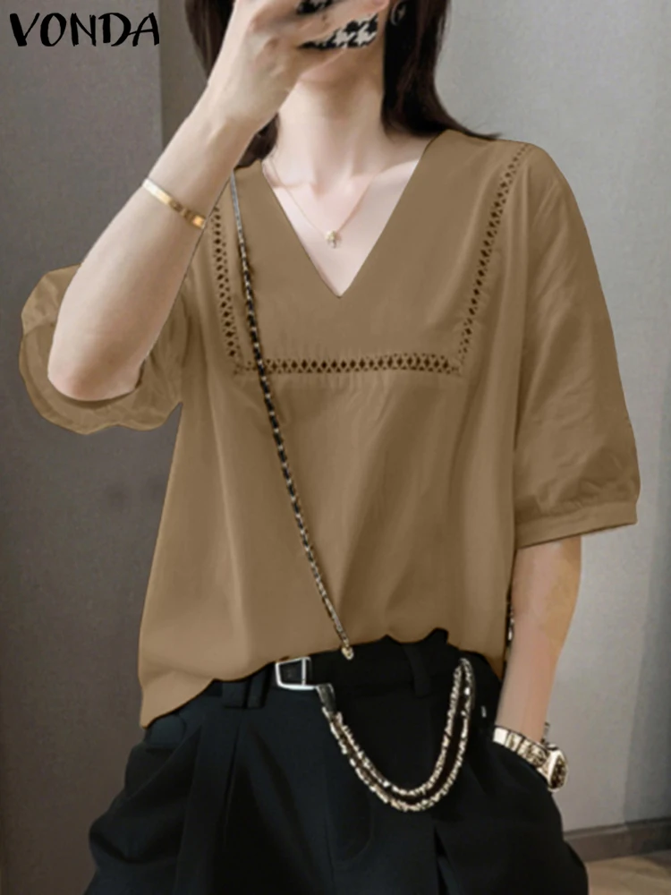 VONDA Damska tunika Modna bluzka 2025 Letnie topy z krótkim rękawem Casual V-Neck Luźne, eleganckie koszule Hollow Out Lace Blusas