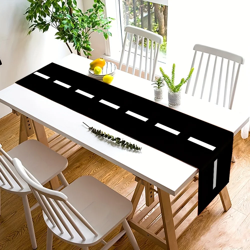 Race Track Style Black White Road Linen Table Runner Home Table Decor Reusable Farmhouse Kitchen Dining Table Runner Party Decor