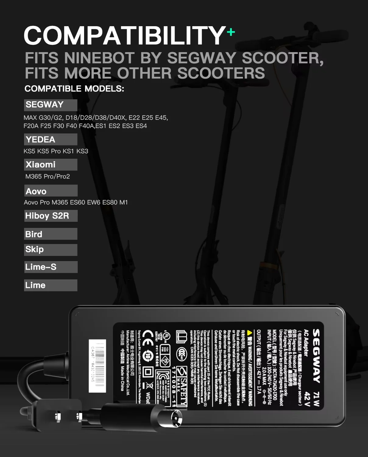 Original 42V 1.7A Segway Charger For Ninebot G2 G30 ES2 ES4 E22 G30LP T15 F30 F40 F2 D28 D38 For Xiaomi M365/Pro 70W Charger