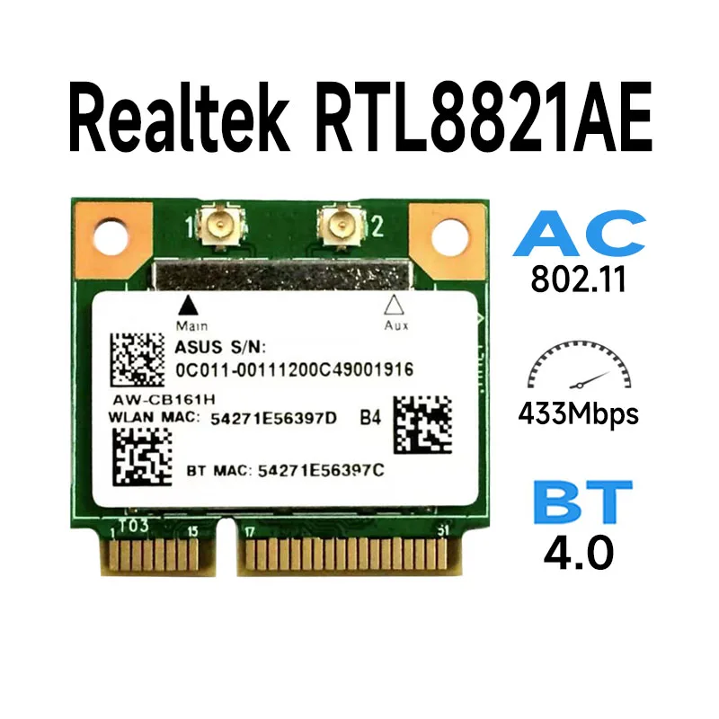 بطاقة واي فاي rtl8821 ، wlan ، بلوتوث ، كومبو لاسلكي ، نصف محول pci-e صغير ، mbps ، 802.11ac