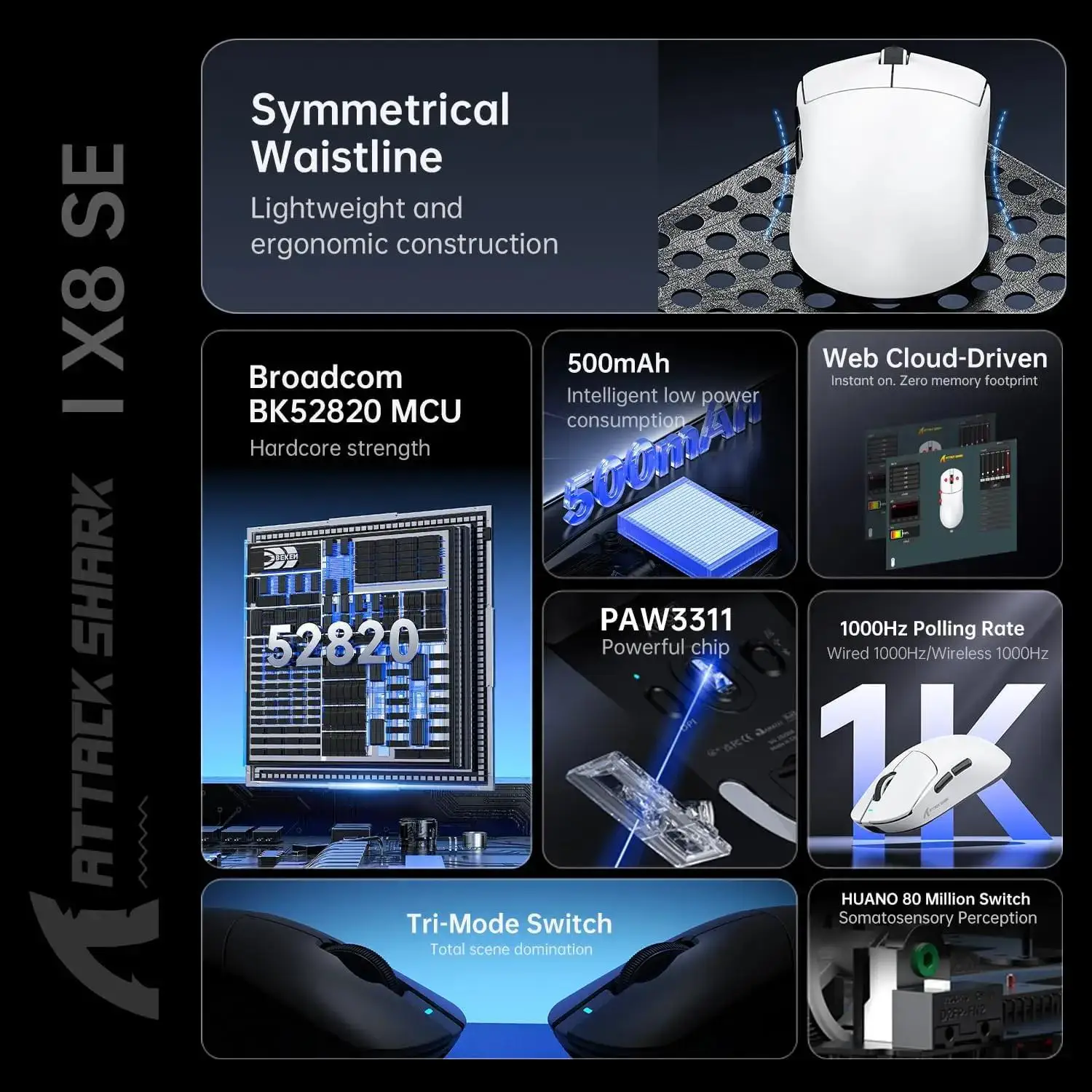 ماوس ألعاب لاسلكي ATTACK SHARK X8 SE 55g Superlight، ماوس BK52820 ثلاثي الوضع، 25KDPI، بطارية 500 مللي أمبير في الساعة، 5 أزرار قابلة للبرمجة