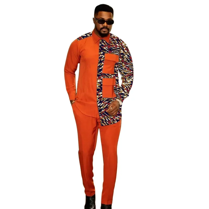 Fashion Light Orange Shirts+Trousers Mens Party Suit African Print Male Casual Outfits 2 Pieces Wedding Costume