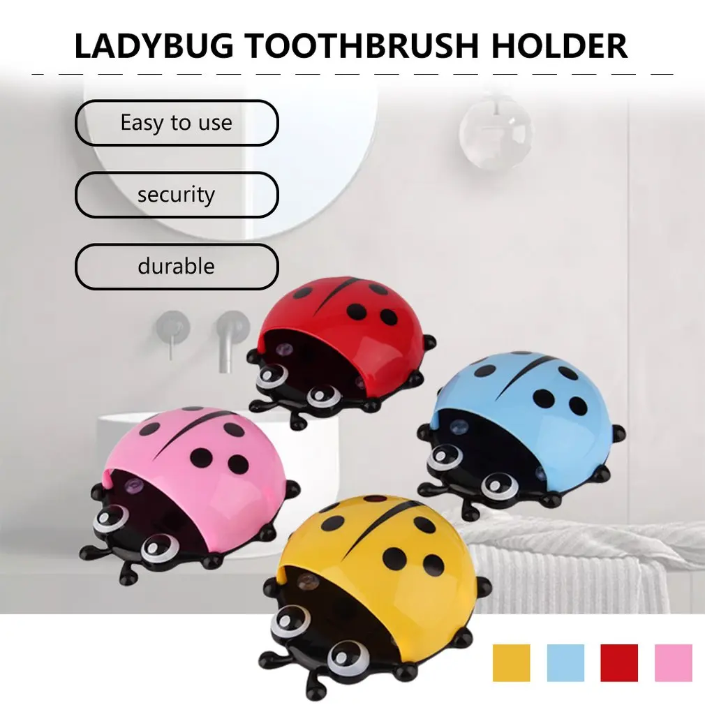 Cute Ladybug Toothbrush Holder Bathroom Cartoon Toothbrush Toothpaste Wall Suction Pencil/Pen Holder Rack Container Organizer