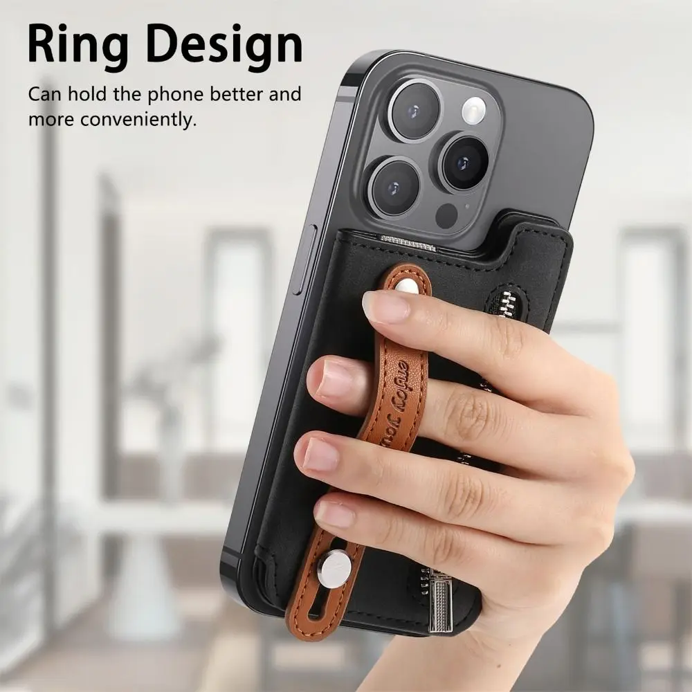 New Magnetic Phone Card Bag with Wrist Strap PU Leather Magsafe Wallet RFID Blocking Foldable Phone Card Holder