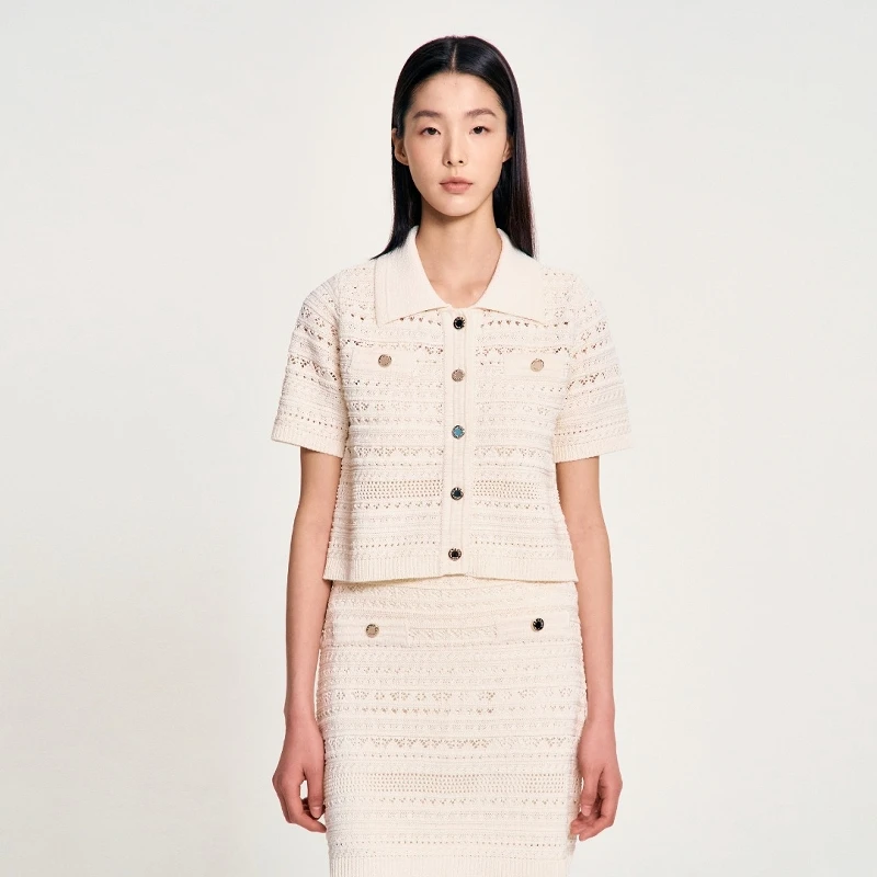 

Korean Sle ort Sve Knitted Sweater Hollow out Embroidery Turn-down Collar Pure Color Cry Color Spring Softn 586