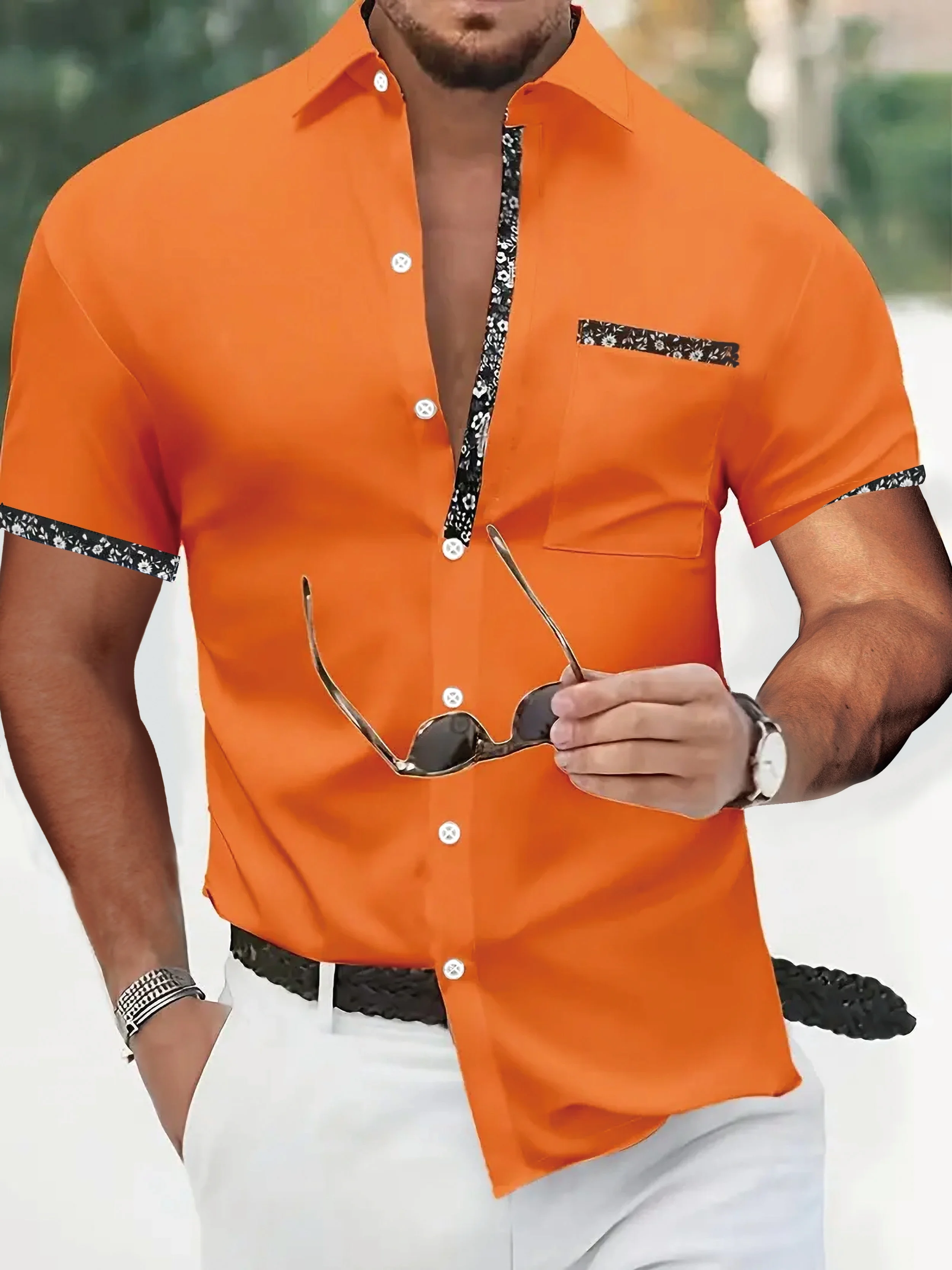 

Мужская однотонная повседневная удобная рубашка с короткими рукавами в стиле пэчворк с цветочным принтом на весну, лето и осень, подходит для Холи