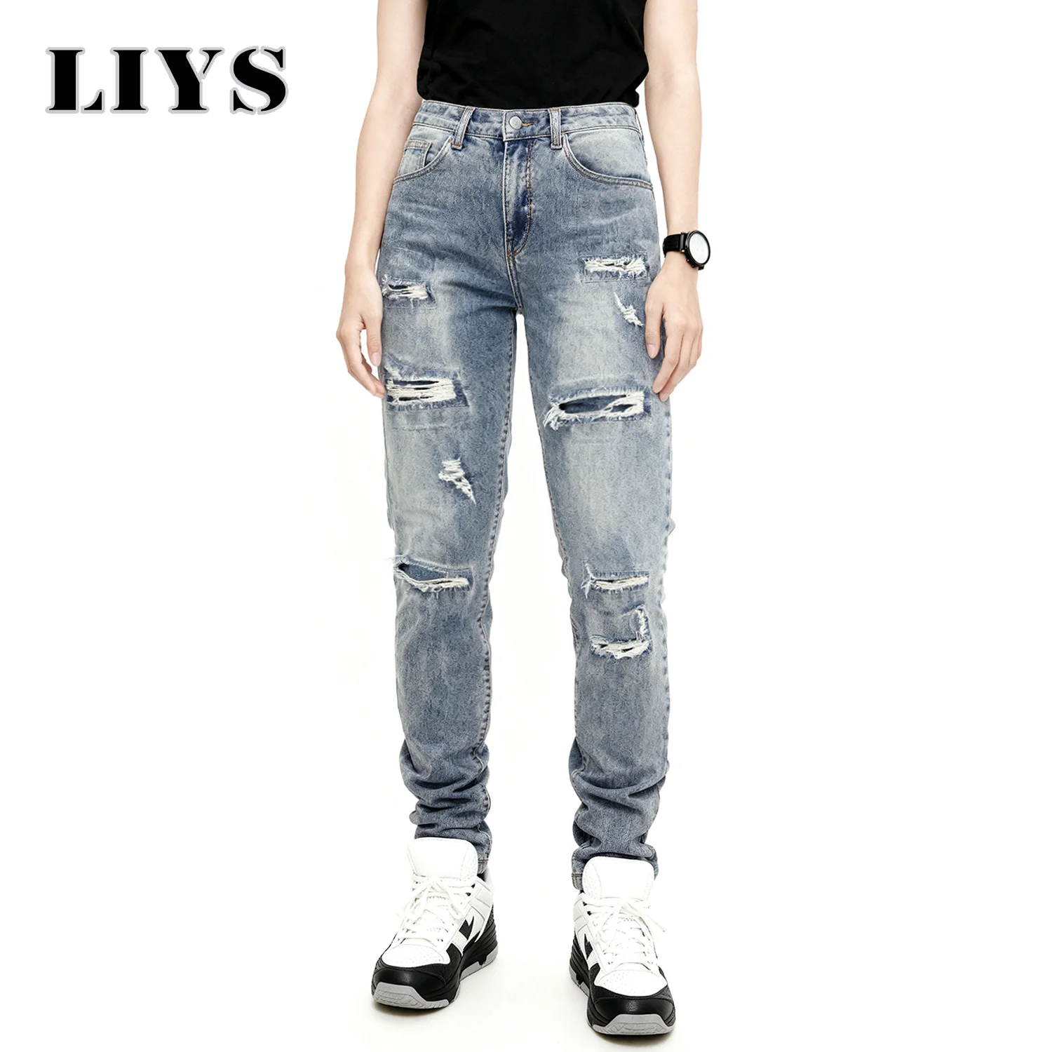 الرجال الأوروبية الأمريكية الرجعية مطاطا جينز ضيق للجنسين اليومية عادية نحيل الدينيم السراويل الأزرق ممزق مدبب الدينيم سروال شكل قلم رصاص #4
