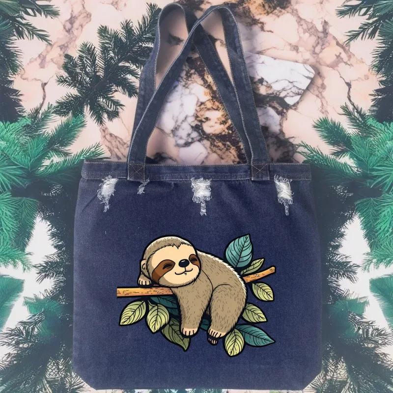 Kawaii Faultier Sorry I Can't I'm Very Busy Retro Washed Denim Handtasche Herbst Lazy Vielseitige Tragetasche Große Umhängetasche für Frauen