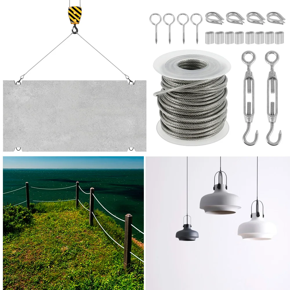 Kit di funi per cavi in acciaio inossidabile da 15M/30M kit di rulli per recinzione metallica per ringhiere da giardino per corda per la pulizia della tenda da esterno 304 rivestito in PVC