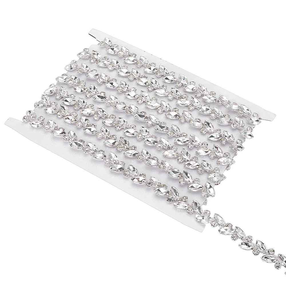 3.2Yard Rhinestone Chain Trim with Metal Back 0.6Inch Wide Clear Glass Rhinestone Chain Links Horse Eye Jewelry Chains Sewing