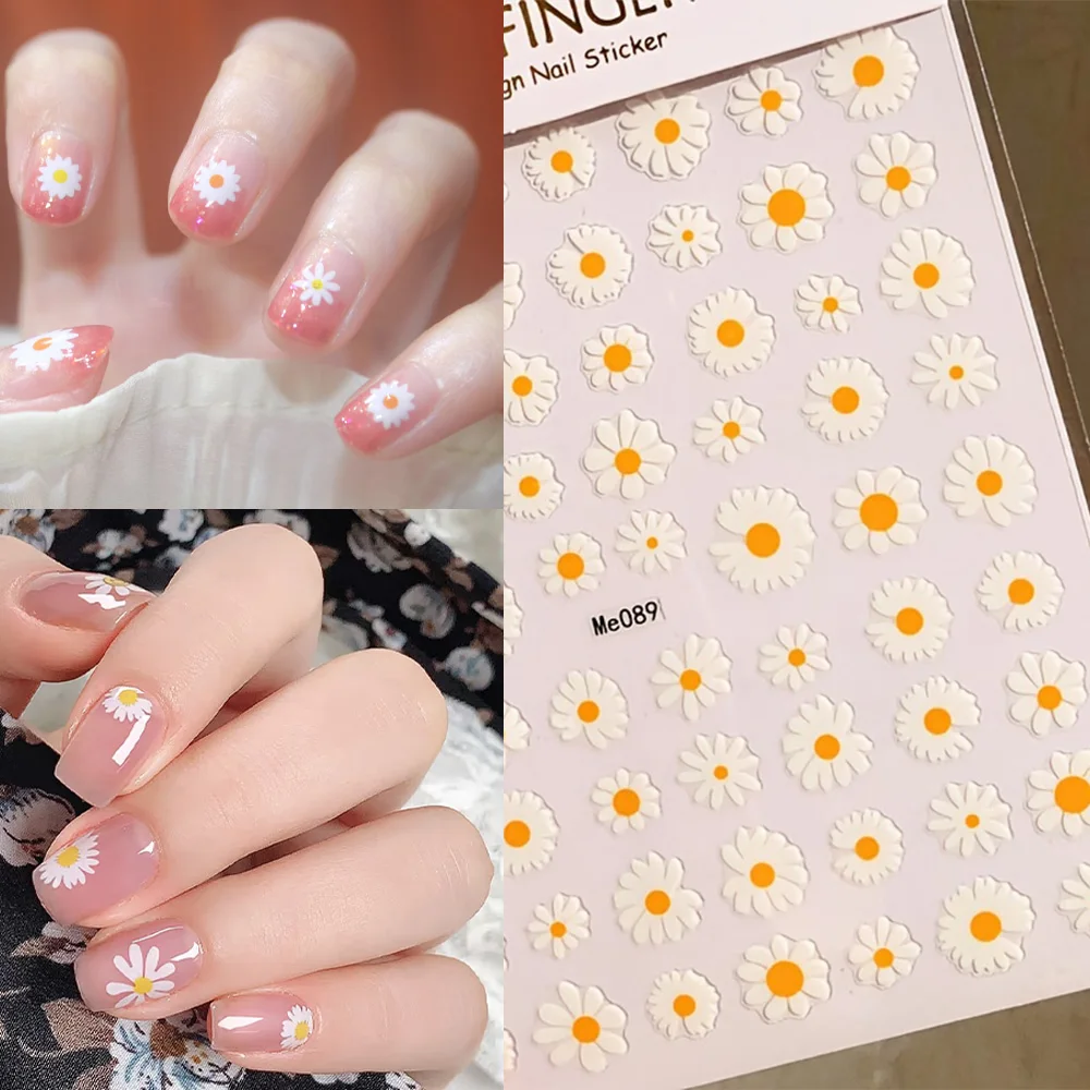 

3D Spring Nail Art Flower Daisy Stickers White Florals Nail Sliders Decals Kawaii Petals Flowers Back Glue Nail Sticker DIY Deco