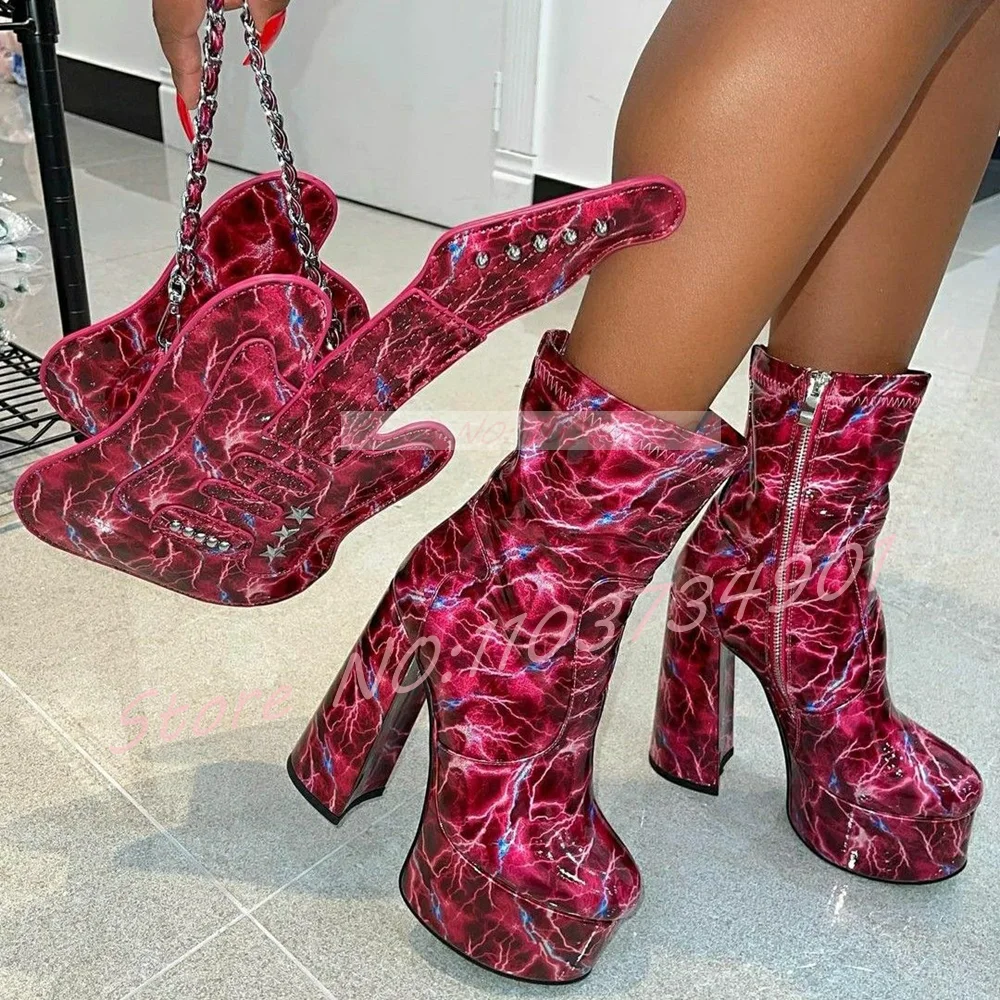Botines de Plataforma con Patrón de Rayos Eléctricos para Mujer, Rosa y Azul, Punta Redonda, Tacón Grueso, Botas de Tacón Alto para Festivales Y2K
