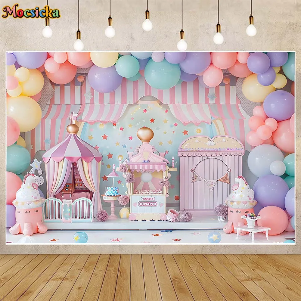 Mocsicka Dreamy Girl Birthday Photography Background Carousel Circus Tent Balloon Baby 1st Cake Smash Party Photo Backdrop Props