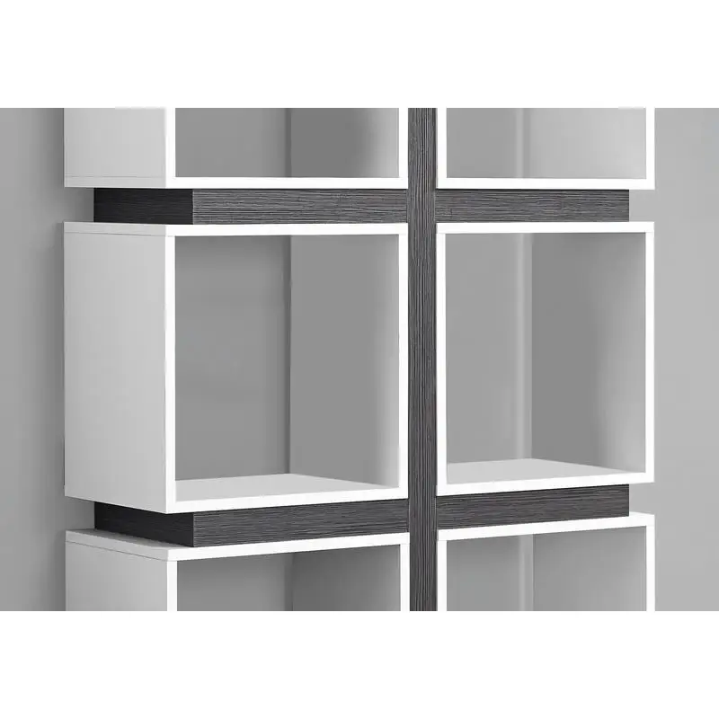 Estante contemporânea de 5 camadas Etagere em laminado cinza e branco para escritório ou quarto, 71 polegadas de altura