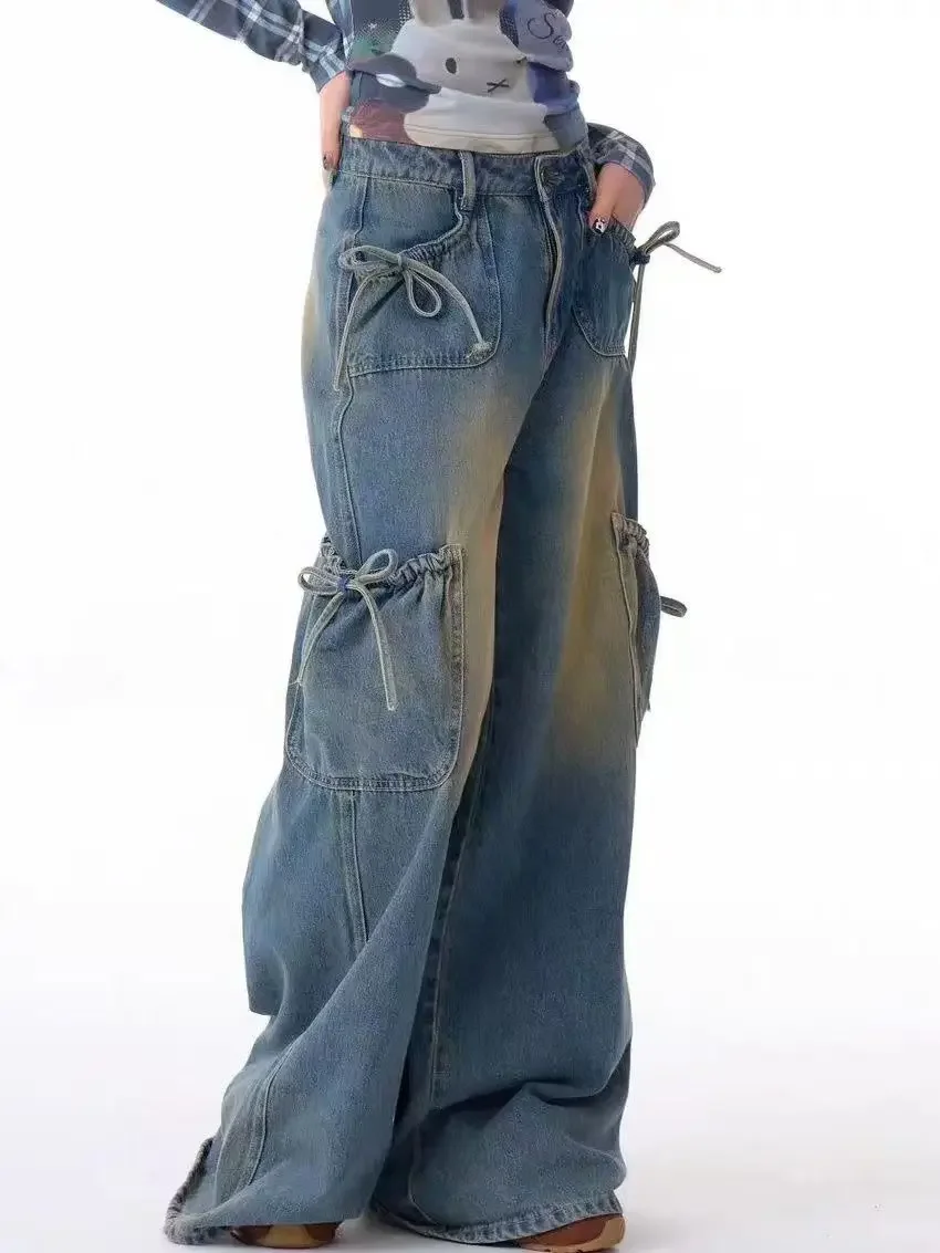 여성 빈티지 블루 보우 레이스업 멀티 포켓 Y2K 카고 청바지 90년대 아메리칸 레트로 스트릿웨어 하이웨이스트 루즈 와이드 레그 데님 팬츠