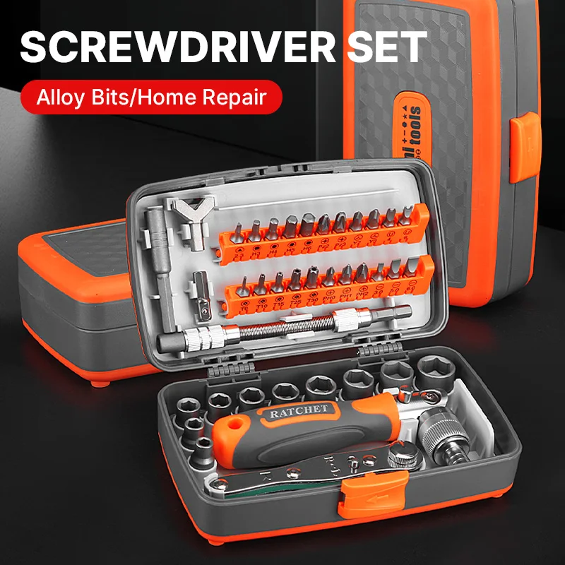 HUHAO 38 in 1 Ratchet Screwdriver set Hexagonal Cross Torx Magnetic Screwdriver Head Ratchet Wrench Extension Rod Storage Box