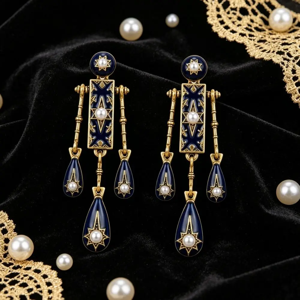 Bohemian Style Vintage Dangle Earrings Star Pearl Waterdrop Earrings Temperament Tassel Blue Drip Glaze Earrings Daily Commute