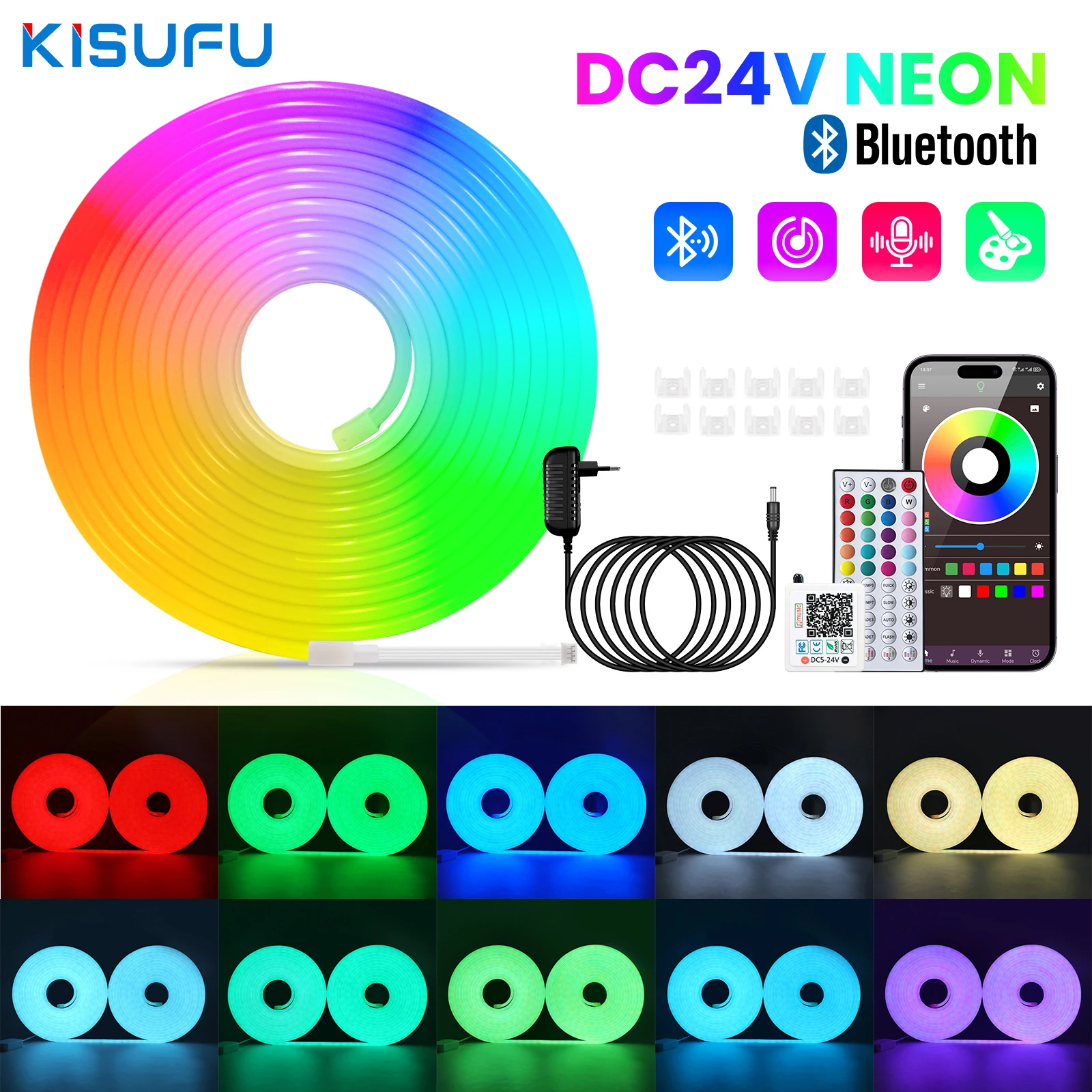 

RGB Neon LED Strip 24V 6x16mm IP67 Neon Rope Lights Cuttable with APP Control/IR Remote Music Sync Tape for Gaming/Outdoor Decor