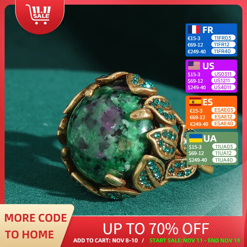 

Vintage Accessories Jewelry Green Ring Stone Woman Engagement Rhinestones Gold Color Leave Party Gift Bohemia Wedding Adjustable