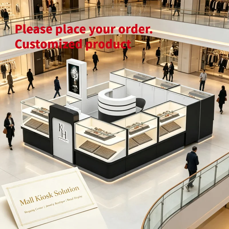 custom.Custom Mall Jewelry Kiosk Tempered Glass Display Counter LED Light Digital Advertising Screen Retail Showcase